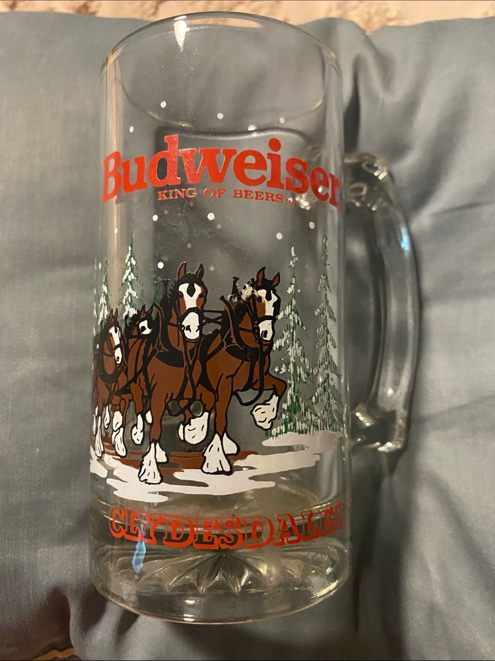 Budweiser Clear Glass Mug with Red Logo and Brown Clydesdales